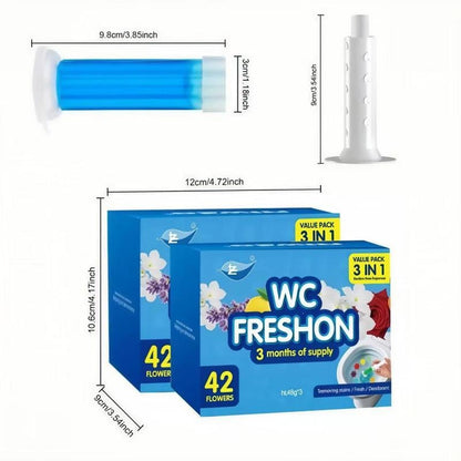 Toilet cleaning gel stamps, with a refreshing floral scent.